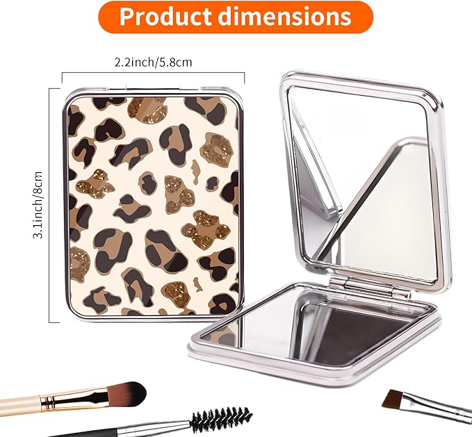 Compact Pocket Mirror, Cute Travel Mini Mirror with Magnification, Foldable Double-Sided Portable Cosmetic Mirror for Men, Women White Brown Leopard