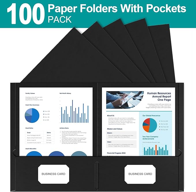 HABGP Two Pocket Folders, 100 Pack 2 Pocket Folders Fit Letter Size Paper, Black Paper File Folders with Pockets for School Office Home Business