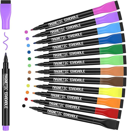 Magnetic Dry Erase Markers - 12 Pack Colorful 1mm Fine Tip Whiteboard Markers with Eraser for Kids Teachers, Low Odor Fine Markers for Dry Erase Boards, Calendars, Mirrors