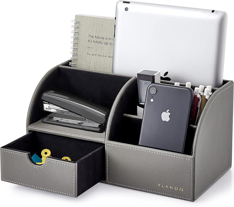 Vlando Desk Organizer with Drawer, Back to School Supplies - 5 Compartment Desktop Storage Holder with Organizer Section for Desk Accessories (Gray)