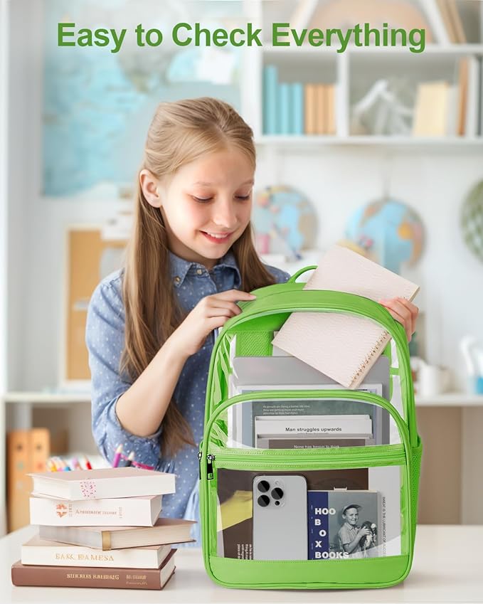 Clear Backpack, Heavy Duty Transparent Bookbag for School, Fabric & PVC Transparent Backpack with Reinforced Strap for Women Men, Capacity Clear Bag for College, Travel, Security, Green