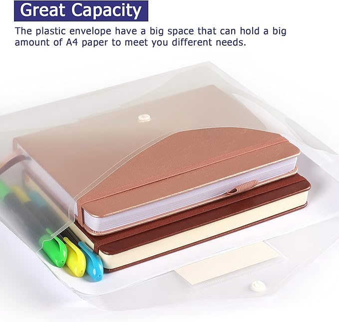 6 Pack Clear Document Folders Plastic Envelopes Poly Envelopes File Envelopes with Label Pocket and Snap Button for Home Work Office Organization, Letter Size/A4 Size, White