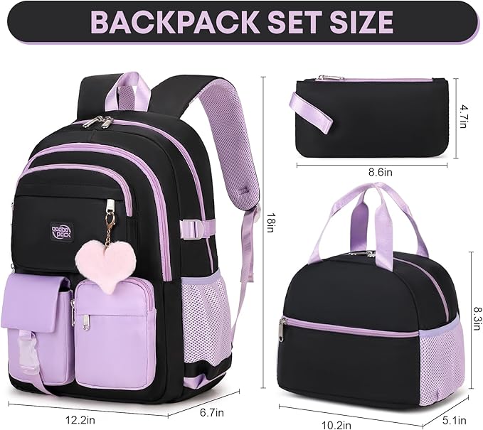3PCS School Backpack For Student Women College Middle High Teen Girls Bookbag Waterproof Laptop Bag Black Purple
