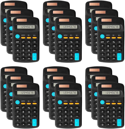 18 Pack Basic Calculators for Students, Pocket Calculator Bulk Classroom Mini Calculators Solar and Battery Dual Powered Handheld Calculator 8 Digit Display for Office School and Home (Black)