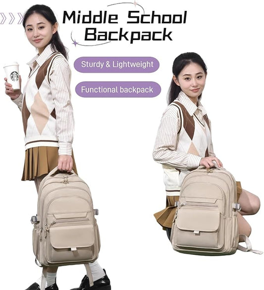 Backpack for Girls Teens, Solid-Color School Backpack for Boys Kids, Aesthetic Bookbag for Middle & High School Travel Daypack,Khaki