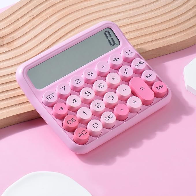 Mechanical Switch 12-Digit Pink Calculator - Large LCD Display, Big Buttons, Desktop, Cute, For Everyday Use