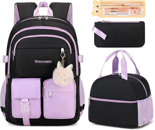 3PCS School Backpack For Student Women College Middle High Teen Girls Bookbag Waterproof Laptop Bag Black Purple