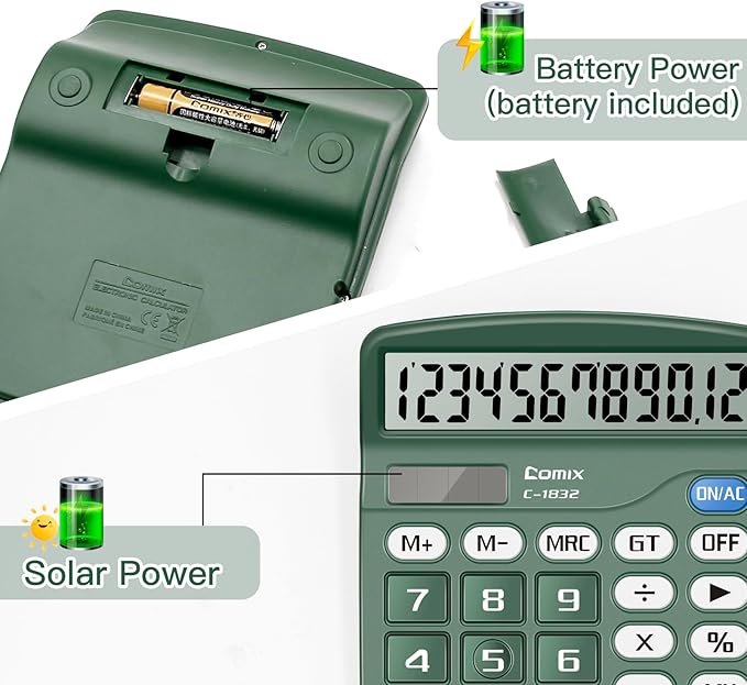 Comix Desktop Calculator 12 Digit with Large LCD Display and Big Button, 2-Pack, 12 Digits Baisc Calculator, Solar Battery Dual Powered, for Office Home School Green