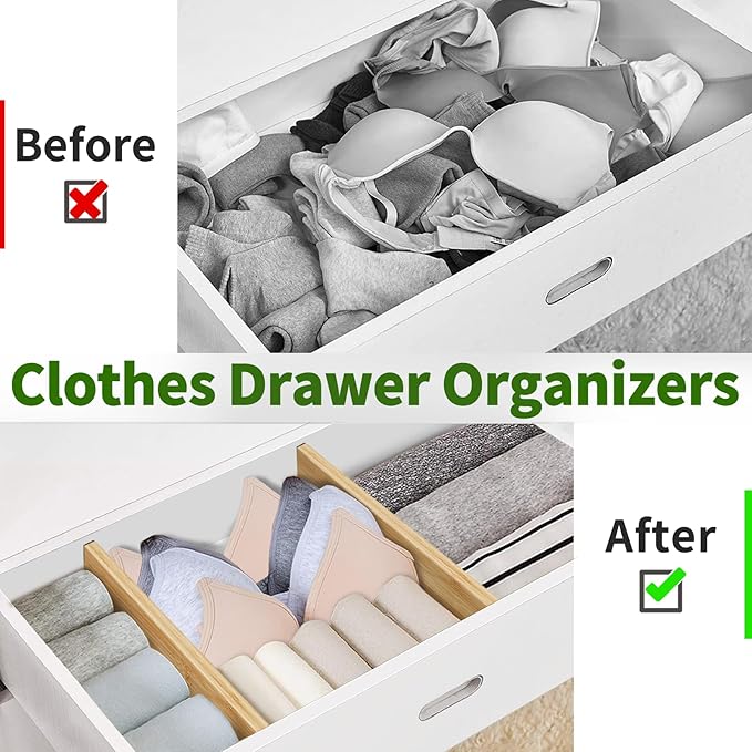 Bamboo Drawer Organizers 4 Pack, 17-22" Adjustable Spring Loaded Dividers for Kitchen Utensils, Silverware, Clothes, Dresser, Bathroom and Office Storage
