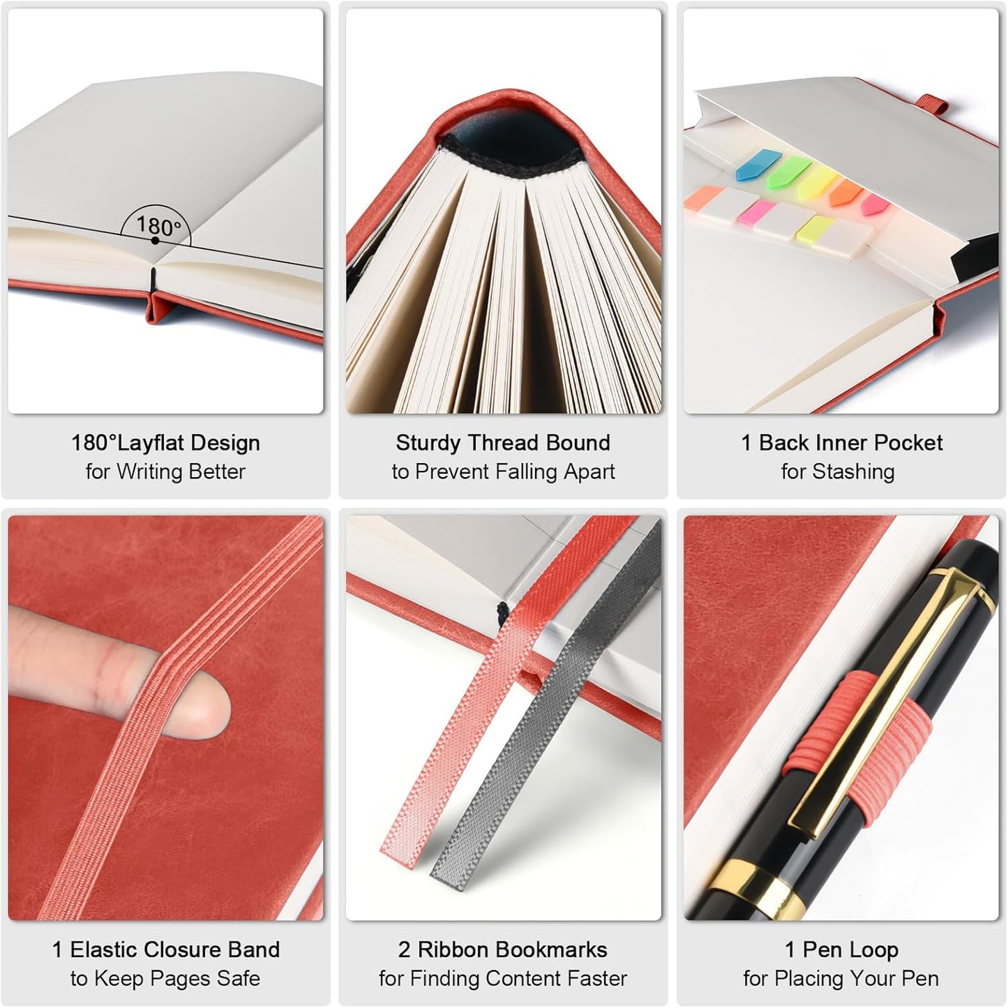 Lined Notebook Journal for Women, 312 Numbered Pages A5 Thick Leather Journal, 100gsm Paper Daily Journal for Work Travel, Hardcover College Ruled Notebook, Giftable Butterfly Floral Notebook, Red