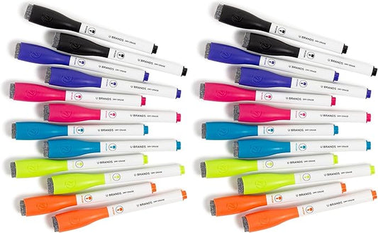 U Brands Fine Tip Dry Erase Markers with Eraser, Magnetic Whiteboard Markers, Low Odor, Assorted Bright Colors, Set of 12 (Pack of 2)
