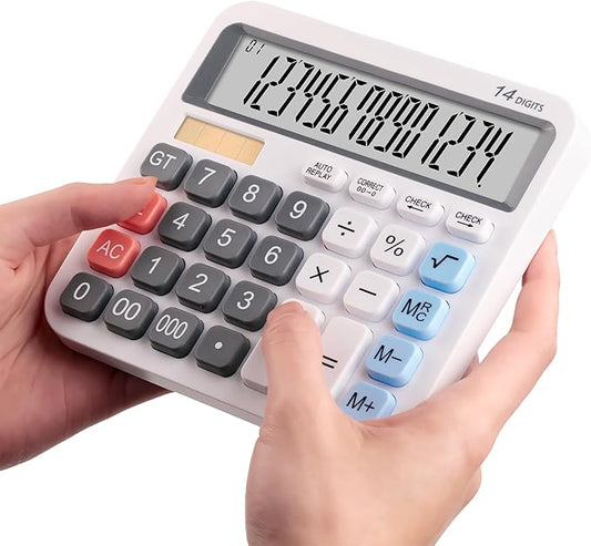 Standard Desktop Calculator, Dual Power (Solar & AA Battery), 14-Digit Large Display, Multifunctional Office Calculator (White)