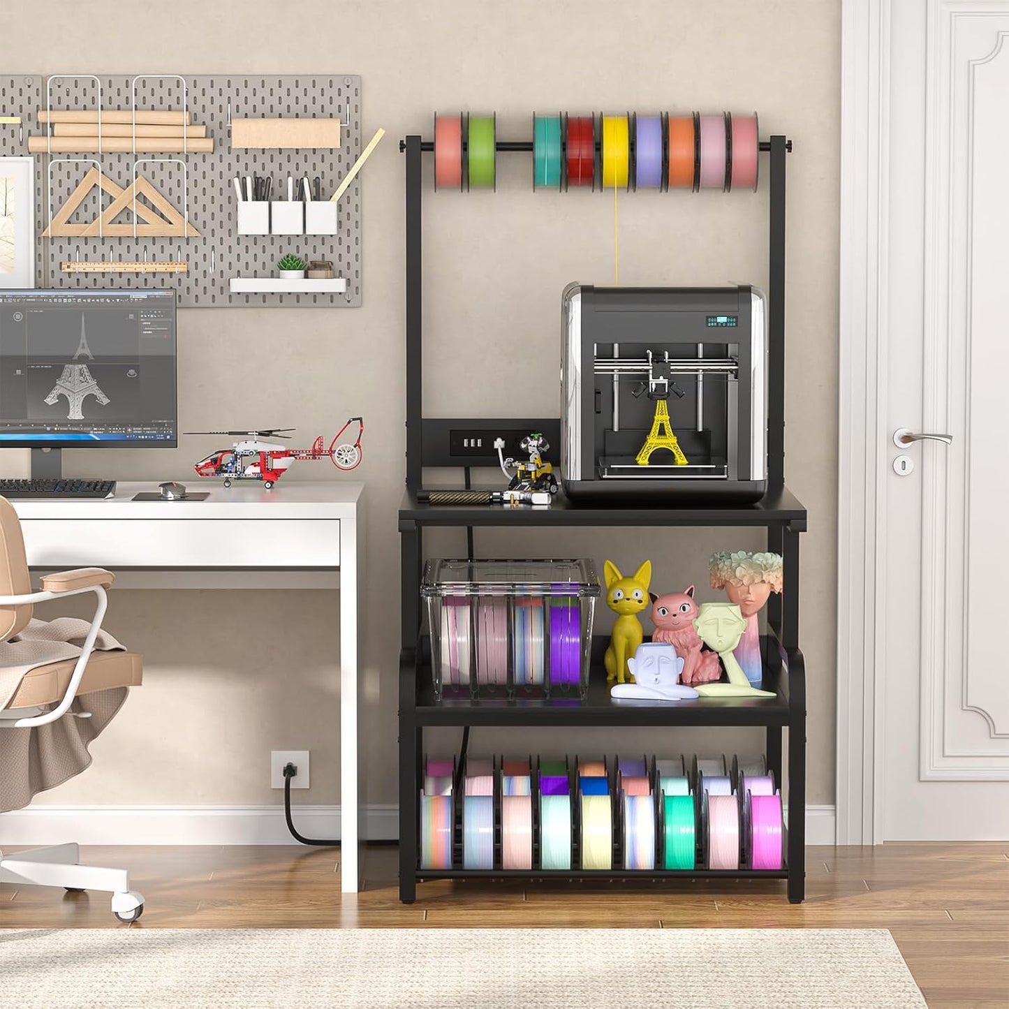 Homieasy Printer Stand with Charging Station, 29.1" x 22.8" Large 3D Printer Table with Filament Storage, Heavy Duty Rolling Printer Cart with 4-Tier Storage for Workshop/Office/Garage, Black