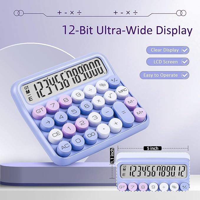 VEWINGL Mechanical Switch Calculator, 12 Digit Large LCD Display and Buttons, Great for Everyday Life and Basic Office Work, with Battery