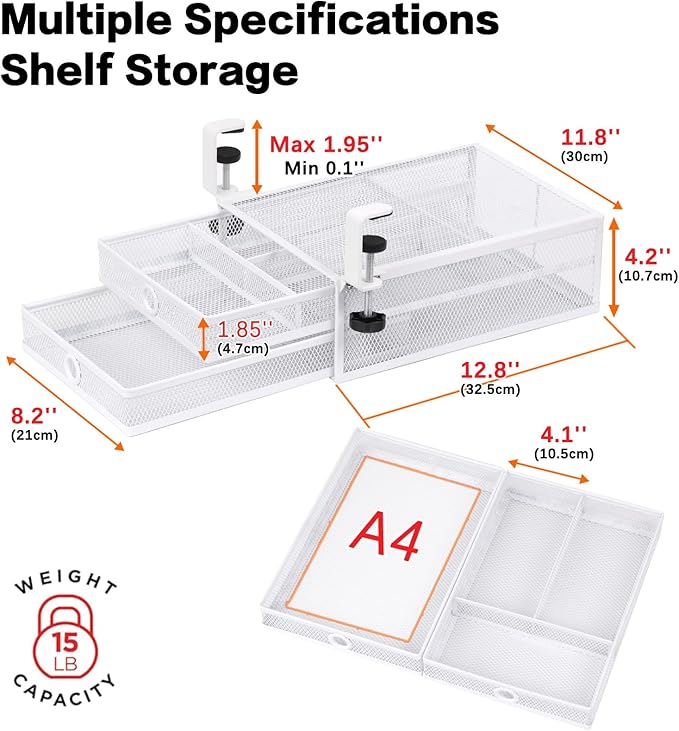 2-Tier Clamp-On Mesh Organizer, Under Desk Storage with Slide-Out Tray, No Drilling Tool-Free Installation, Durable Rust-Resistant Metal, Large-Capacity Organizer.