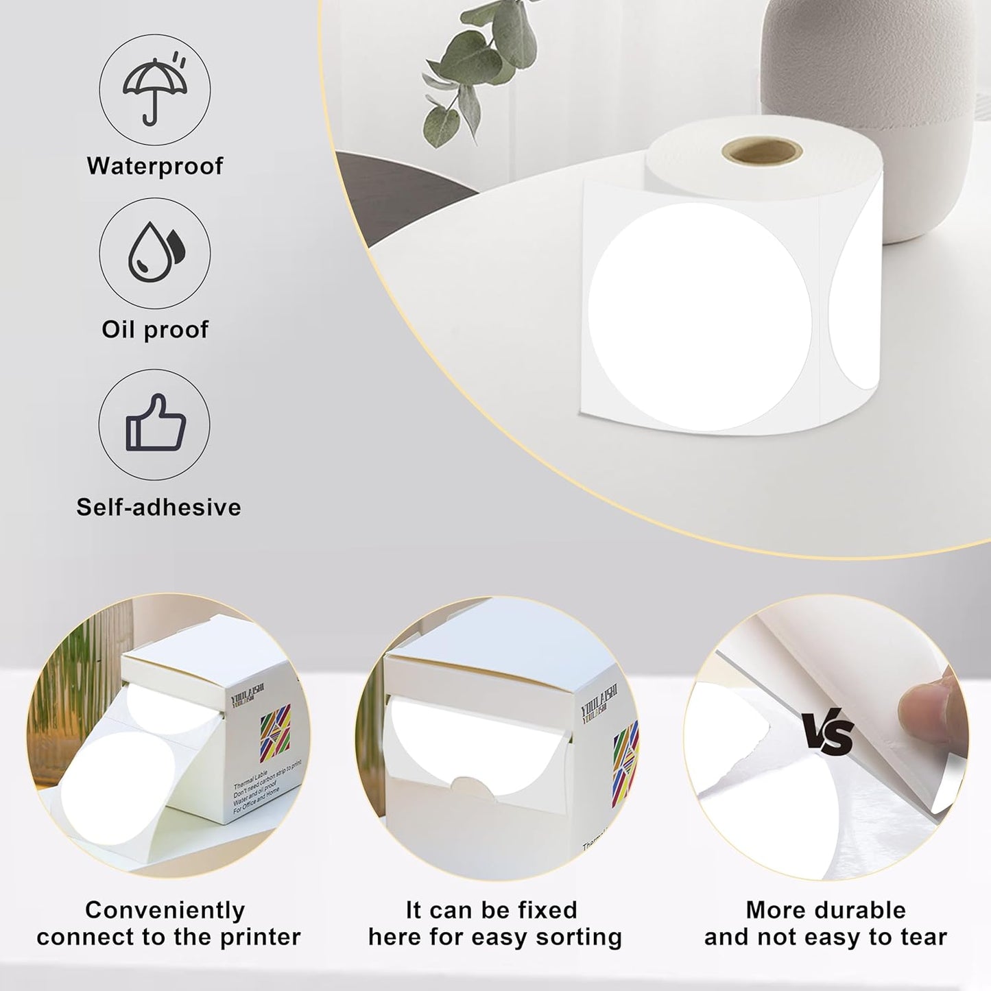 3 X 3 Inch Color Coding Dot Labels Circle White Thermal Printable Waterproof 2000 Pcs Round Stickers Adhesive Writable for Office, Home, Garage, DIY Sticker, Barcodes, Name Tag