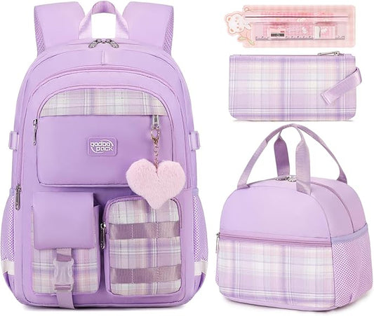 3PCS Student Backpack For School Women College Middle High Teen Girls Bookbag Waterproof Laptop Bag Plaid Purple