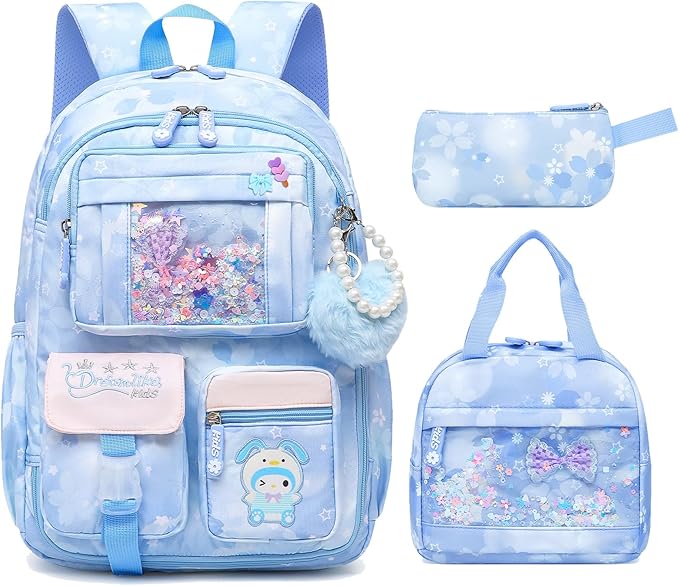 Lovely Girls Backpack School Bag for Students Kids Book Bag with Multiple Pockets Splash-proof Children's Backpack（17inch Set Blue）