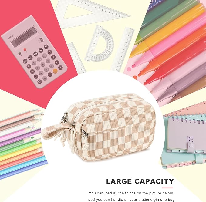 Bluboon Big Capacity Pencil Case Pencil Pouch Pen Case School Supplies Cute Pencil Box Pencil Bag for Teen Girls Boys Women Man (Brown White Checked)