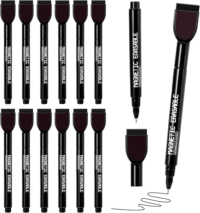 12 Pack Black Magnetic Dry Erase Markers, 0.5mm Fine Tip with Built-in Eraser, Smooth Ink Flow, Suitable for Teachers Designers Offices Home