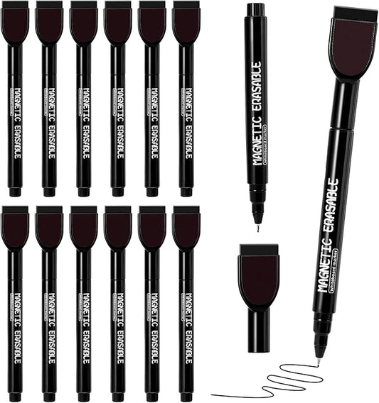 12 Pack Black Magnetic Dry Erase Markers, 0.5mm Fine Tip with Built-in Eraser, Smooth Ink Flow, Suitable for Teachers Designers Offices Home