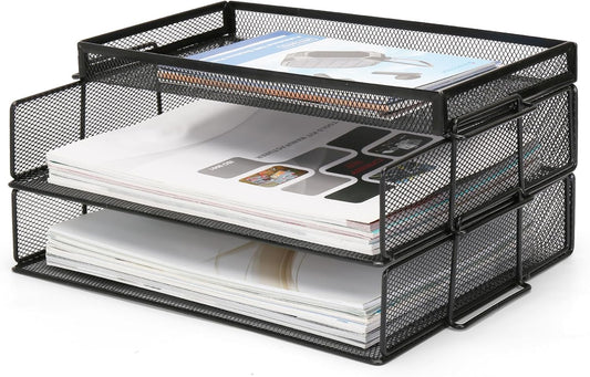 Office Drawer Organizer, 2 Tiers Stackable Paper Tray Organizer for Desk, Standing Papers File, Black Mesh/Office File Collation
