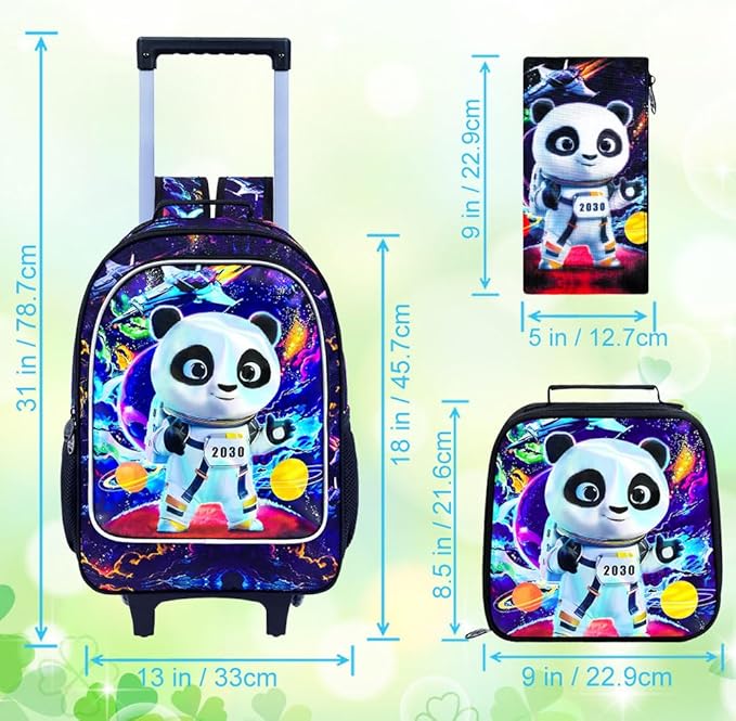 3Pcs Panda Rolling Backpack for Boys, Kids School Backpacks with Wheels, Roller Bookbag with Lunch Box for Elementary Preschool(Black)