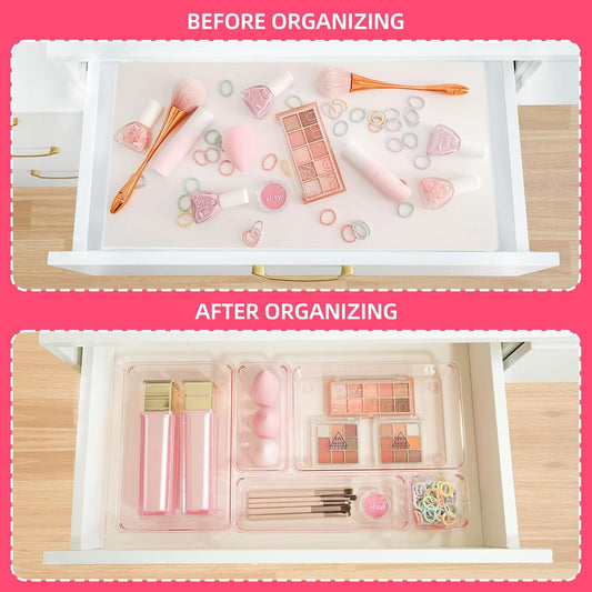 Kitchen Desk Drawer Organizers Storage for Office, Small Acrylic Vanity Trays Makeup Organizer for Drawer Bathroom Plastic Make up Organizers 25 Pcs Pink