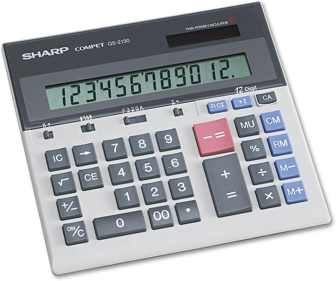 Sharp QS-2130 12-Digit Commercial Desktop Calculator with Kickstand, Arithmetic Logic, Battery and Solar Hybrid Powered LCD Display, Great for Home and Office Use