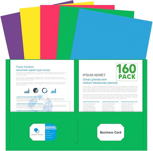 Two Pocket Folders, PANDRI 160 Pack 2 Pocket Folders, Letter Size Paper File Folder for School Office Home Business, Assorted 5 Colors