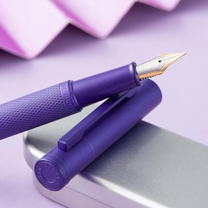 Hongdian 1851 Purple Forest Fountain Pen Blade Nib Classic Design Calligraphy Pen with Converter and Metal Pen Case Set