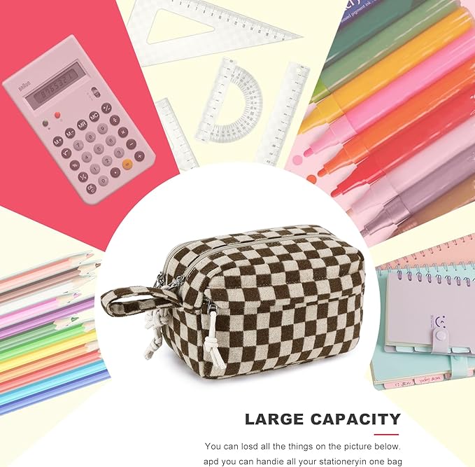 Bluboon Big Capacity Pencil Case Pencil Pouch Pen Case School Supplies Cute Pencil Box Pencil Bag for Teen Girls Boys Women Man (Khaki Brown Checked)