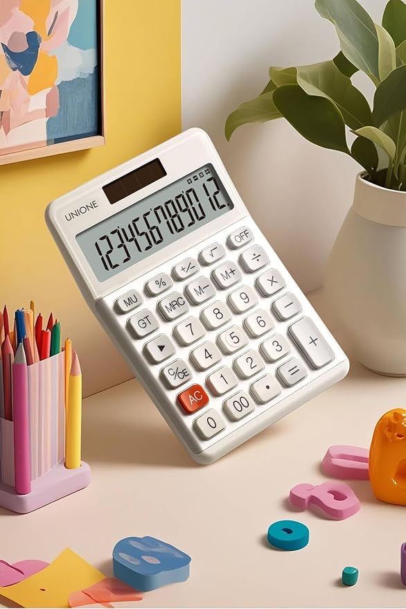 UNIONE Calculator with a Bright LCD, Dual Power Handheld Desktop. Color. Business, Office, High School… (Ivory)