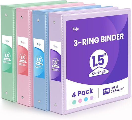 1.5 Inch Binders 3 Ring 4 Pack, PVC Free 1 1/2 View Binder (Fits 8.5" x 11" Letter Size Papers), Perfect for School & Office Supplies, Pastel Colors
