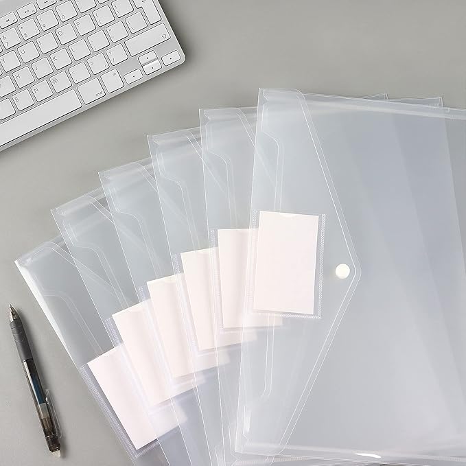 6 Pack Clear Document Folders Plastic Envelopes Poly Envelopes File Envelopes with Label Pocket and Snap Button for Home Work Office Organization, Letter Size/A4 Size, White