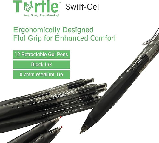 Turtle Swift Gel Pens – Retractable Gel Pens with Black Ink, 0.7mm Medium Point Ballpoint Pens for Writing, Journaling, Note-Taking – Quick-Drying, Smudge-Free – School & Office Supplies - 12-Pack