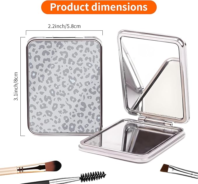 Compact Pocket Mirror, Cute Travel Mini Mirror with Magnification, Foldable Double-Sided Portable Cosmetic Mirror for Men, Women Grey Leopard