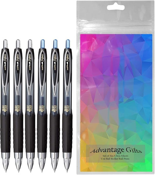 Signo 207 Roller Ball Retractable Gel Pens, Ultra Micro Point (0.38mm), Assorted colors Black And Blue Ink, 6 Count, Bundle with Plastic Reusable Pouch