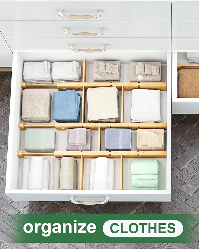 Bamboo Drawer Dividers - Adjustable Drawer Dividers for Clothes, Kitchen, Closet & Office - 8 Pack with Inserts, 18-22.6 Inches, Non-Slip Silicone Ends