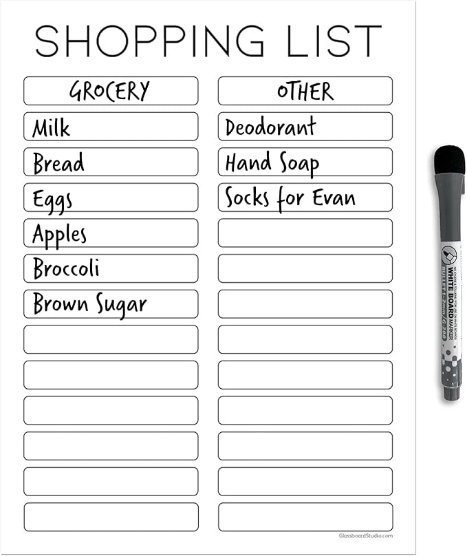 Dry Erase Shopping List Vinyl Sticker Decal Whiteboard by Glassboard Studio | Removable & Reusable | Magnetic Fine-Tip Marker Included (9 x 12 inches, White)