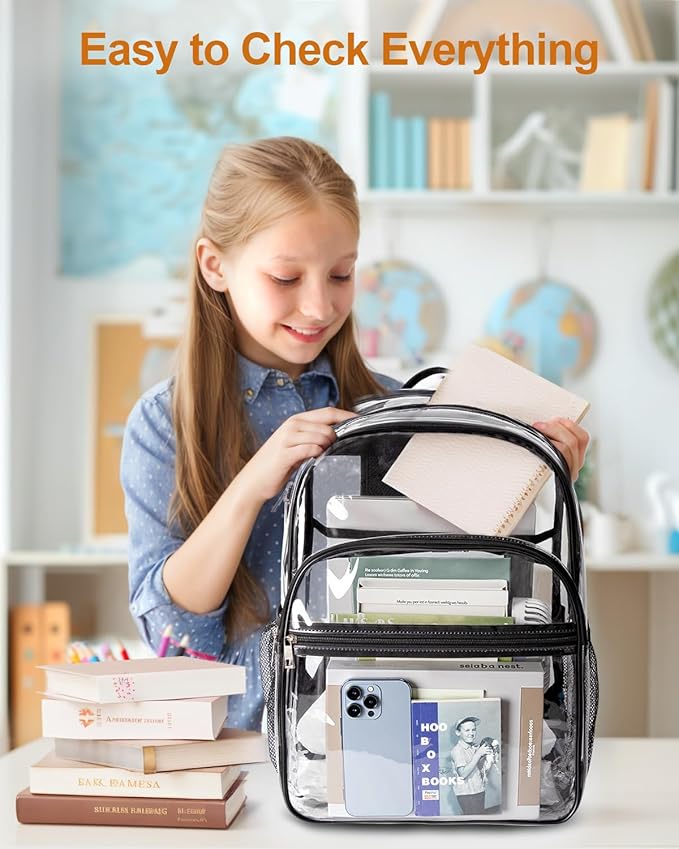 Clear Backpack, Heavy Duty Transparent Bookbag for School with Reinforced Strap for Women, Men, Capacity Bag for College Clear
