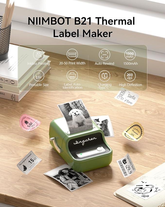 NIIMBOT B21 Label Maker, 2 Inch Portable Thermal Label Printer, Label Maker Machine with Tape, Compatible with Android, iOS & PC,Labeling for Home Storage Office and Small Business,Green