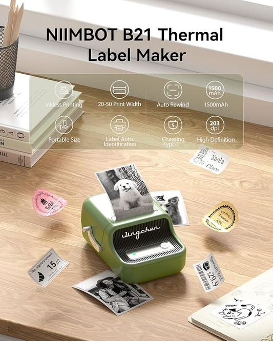 NIIMBOT B21 Label Maker, 2 Inch Portable Thermal Label Printer, Label Maker Machine with Tape, Compatible with Android, iOS & PC,Labeling for Home Storage Office and Small Business,Green