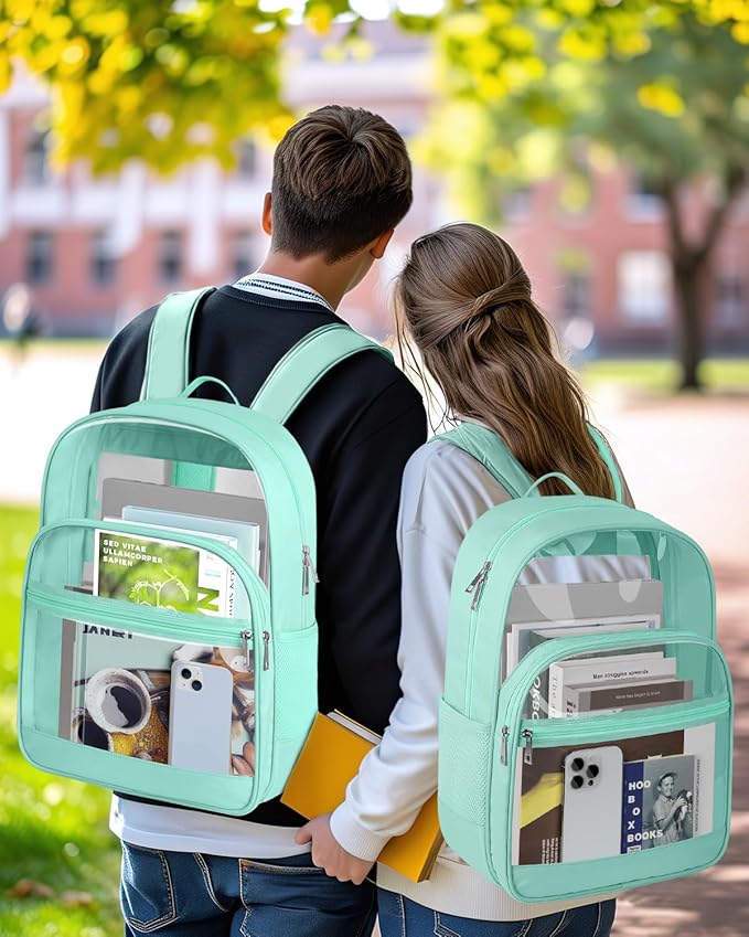 Clear Backpack, Heavy Duty Transparent Bookbag for School, Fabric & PVC Transparent Backpack with Reinforced Strap for Women Men, Capacity Clear Bag for College, Turquoise
