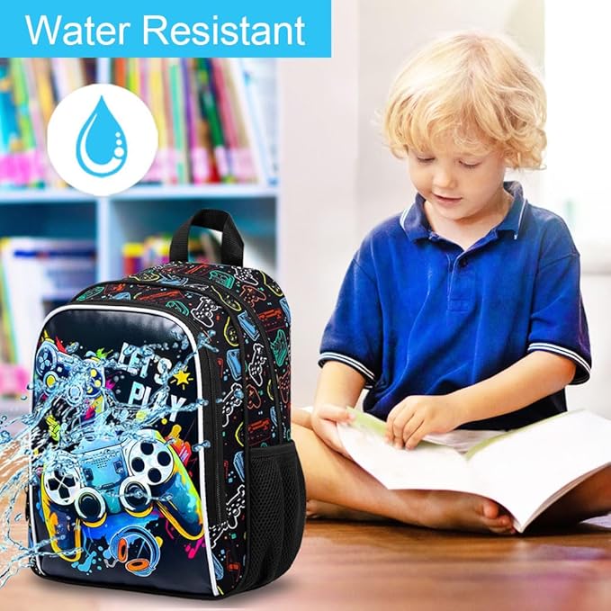 KLFVB Boys Toddler Game Backpack, Water Resistant Kindergarten Bookbag, 13" Preschool Backpacks for Toddler - Game Black
