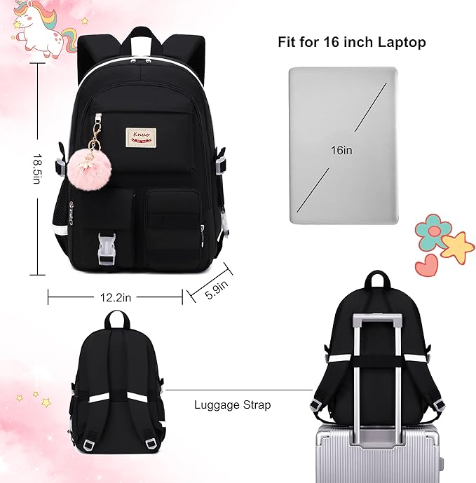 Girls Backpack,15.6 Inch Laptop School Bag Large Primary Elementary Middle College Bookbags Kids Backpacks for Teens Girls Women Students Anti Theft Travel Daypack (Black)