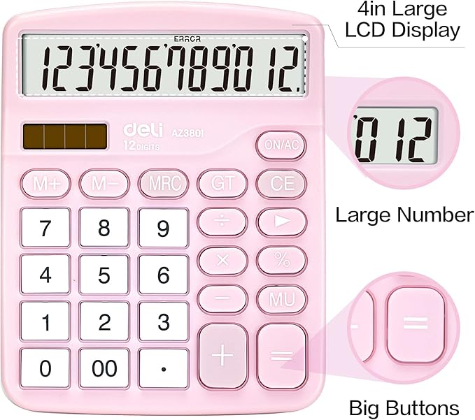 Calculator, Deli Standard Function Desktop Calculators with 12 Digit Large LCD Display and Sensitive Button, Solar Battery Dual Power Office Calculator, Pink