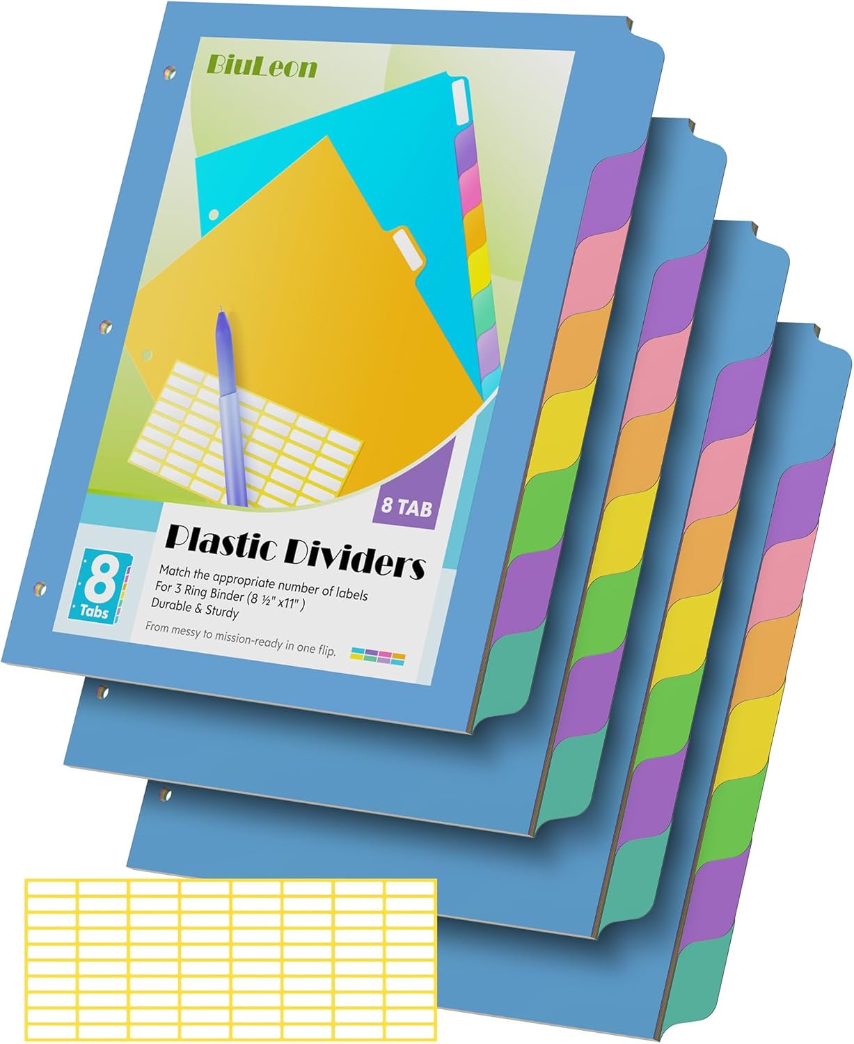 8 Tab Binder Dividers for 3 Ring Binder, 4 Set/32 Count, Thicken, Write & Erase Reusable Waterproof Plastic Binders for School & Office Files, Extra 80 Labels