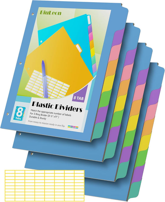 8 Tab Binder Dividers for 3 Ring Binder, 4 Set/32 Count, Thicken, Write & Erase Reusable Waterproof Plastic Binders for School & Office Files, Extra 80 Labels