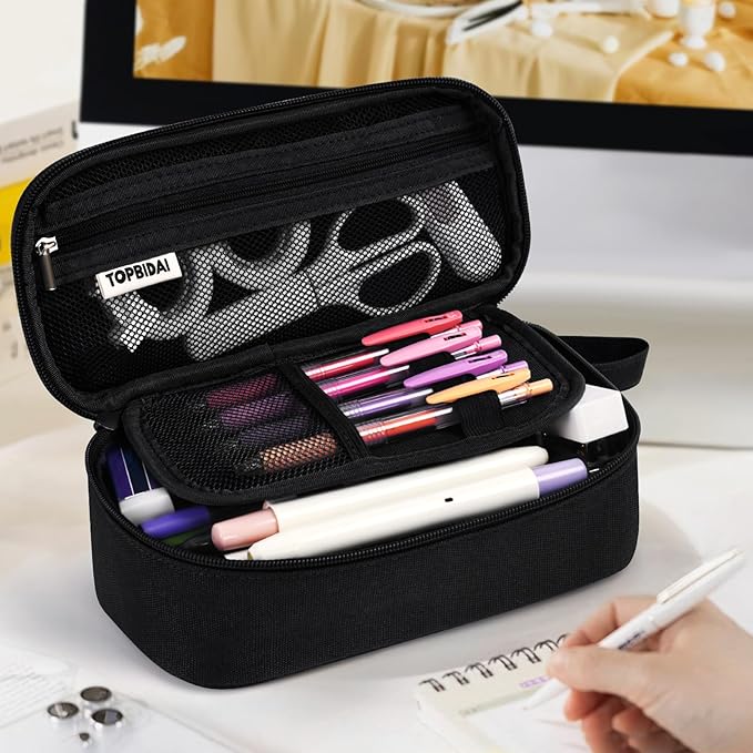 Large Pencil Case Pouch for Boy Men Kids Adults, Big Capacity Canvas Pencil Bag, Office College School Multi Compartment Zipper Stationery Pen Bag (Black)